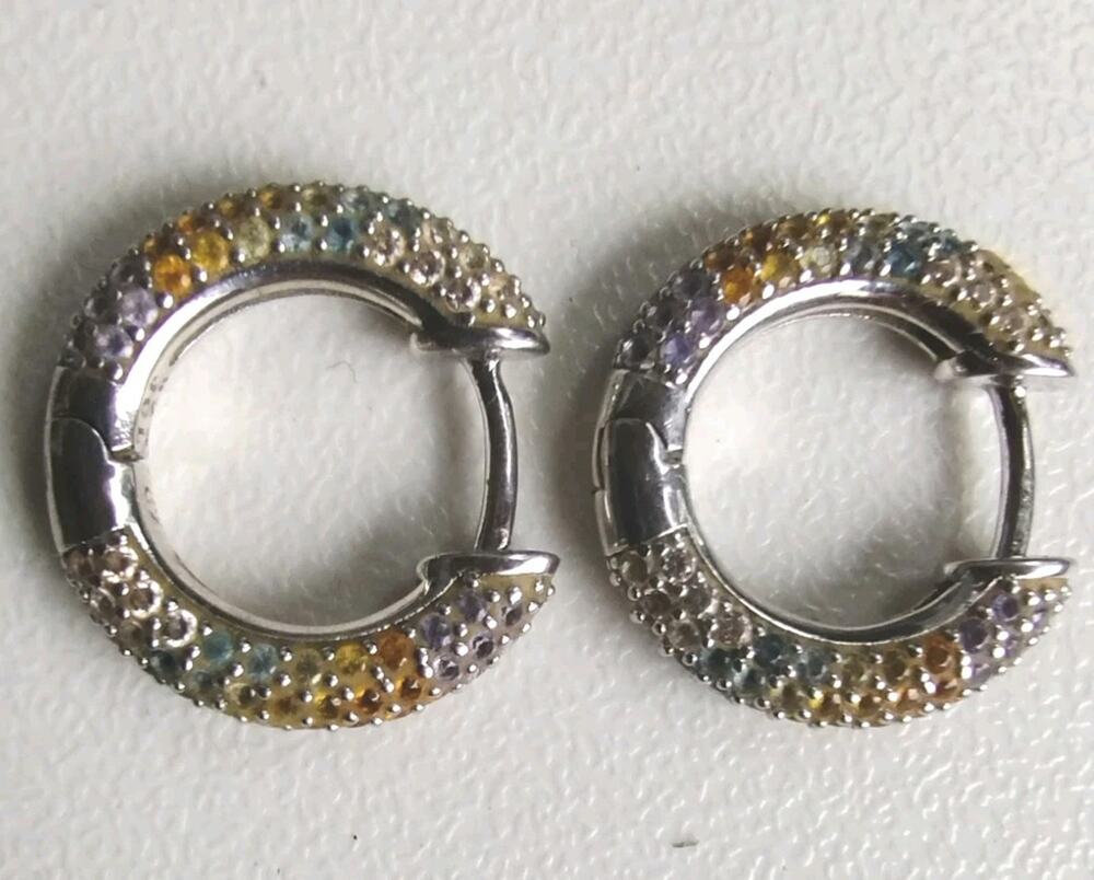 Colleen Lopez JCL Sterling Silver Multicolor CZ Pavé Hinged Huggie Hoop Earrings